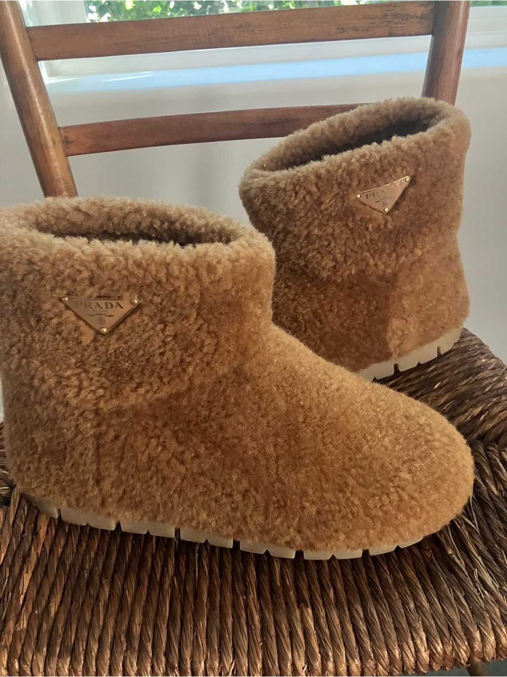 PRADA Women's Tan Shearling Ankle Boots